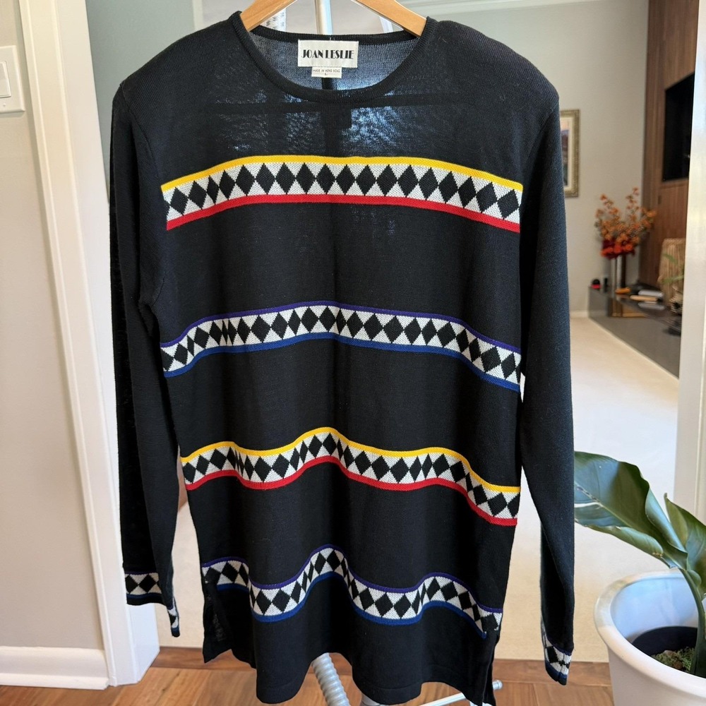 Vintage Joan Leslie Black Knit Sweater 1980s-90s Geometric Harlequin Pattern Med